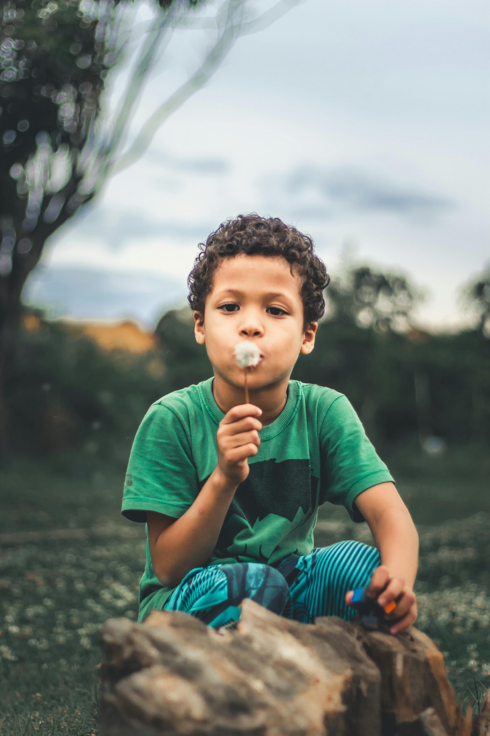 A young boy with curly hair blows a dandelion outdoors, showcasing joy and nature.